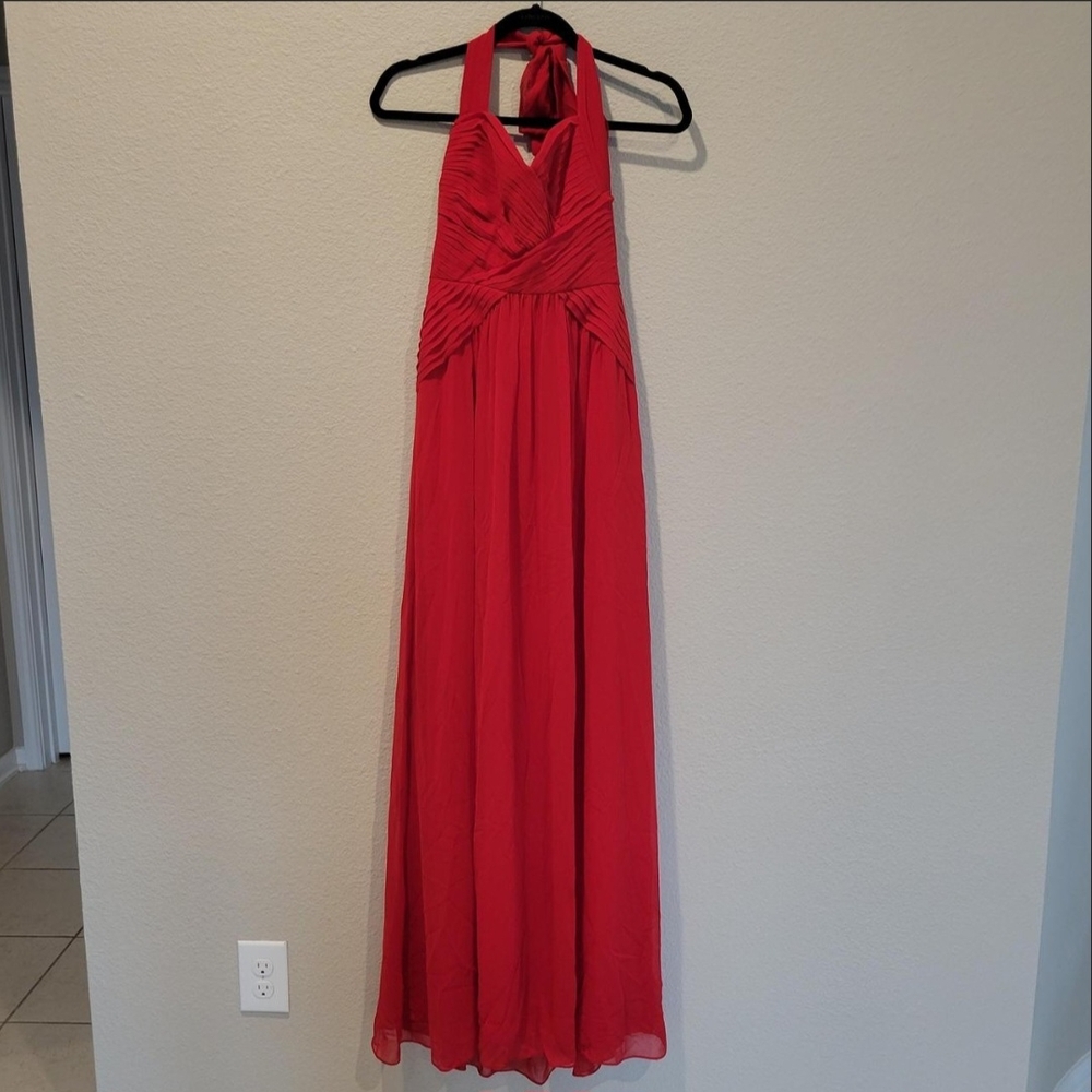 BCBGMaxAzria Red Ruched Halter Gown